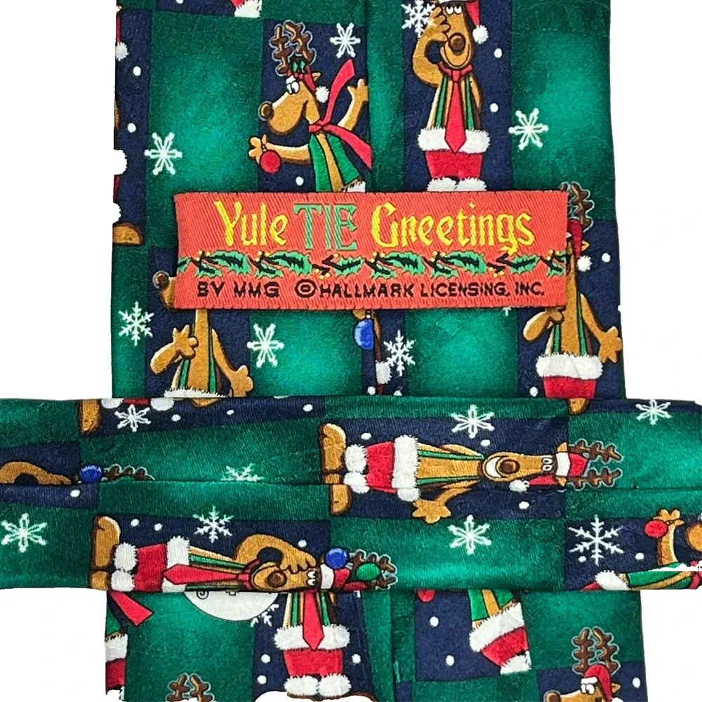 Yule Tie Greetings Silk Hand Made Men's Necktie‎ Holiday Party Festive Reindeer